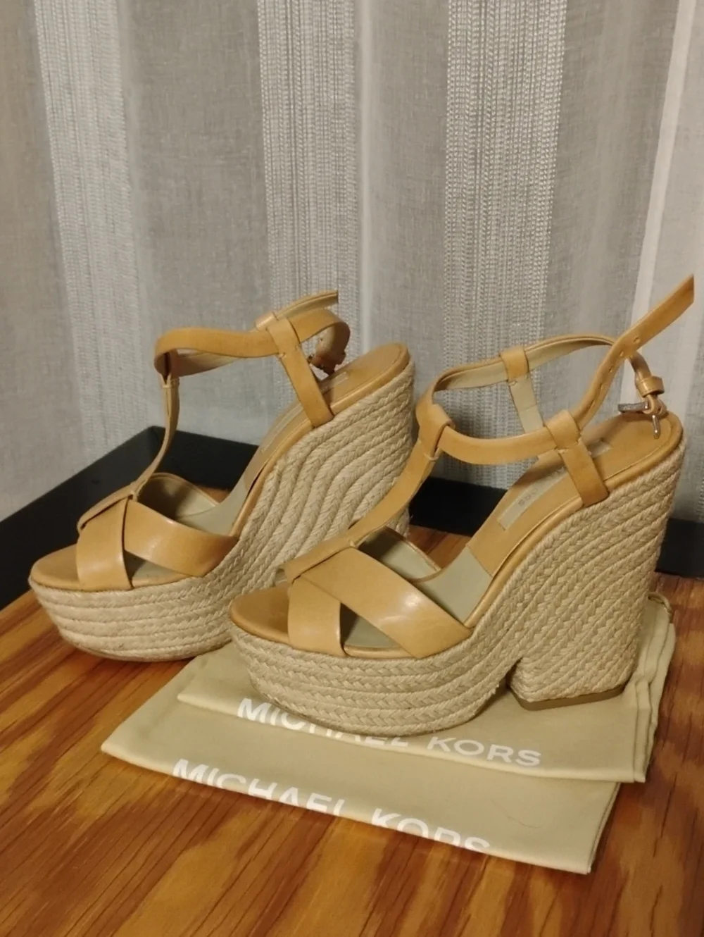 Michael Kors Tan Leather Espadrille Wedge Sandals